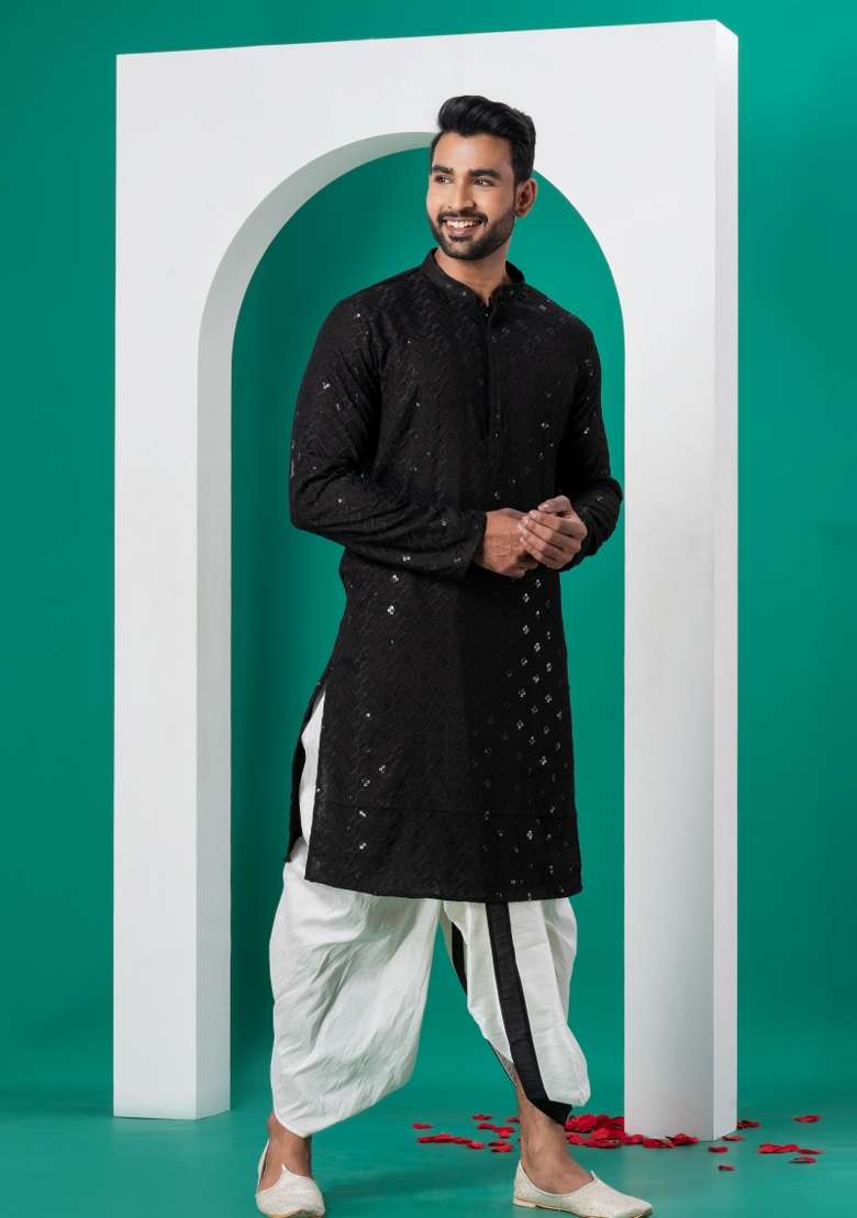Black Embroidered Cotton Kurta Dhoti Set For Men - Indya