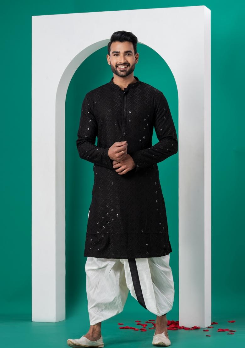 Black Embroidered Cotton Kurta Dhoti Set For Men - Indya