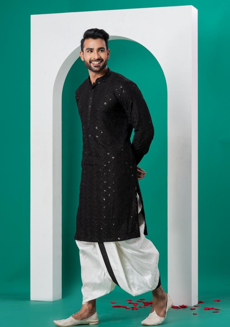 Black Embroidered Cotton Kurta Dhoti Set For Men - Indya