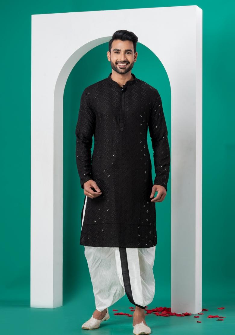 Black Embroidered Cotton Kurta For Men - Indya