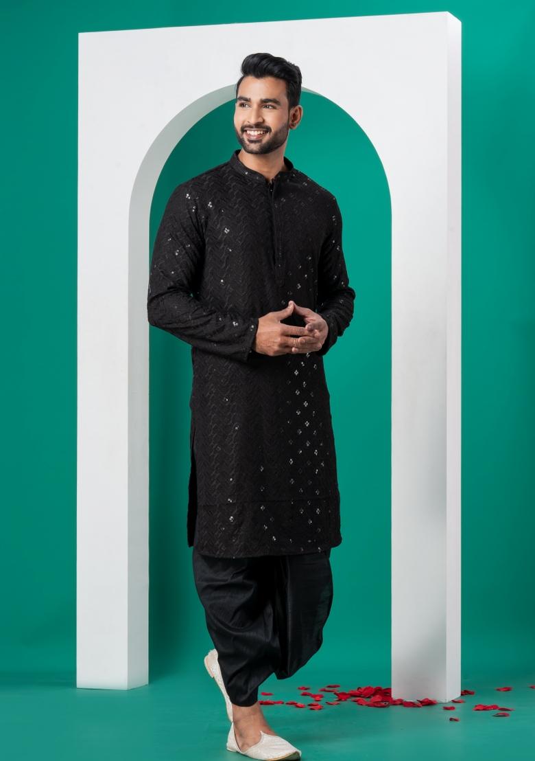 Black Embroidered Cotton Kurta Dhoti Set For Men - Indya