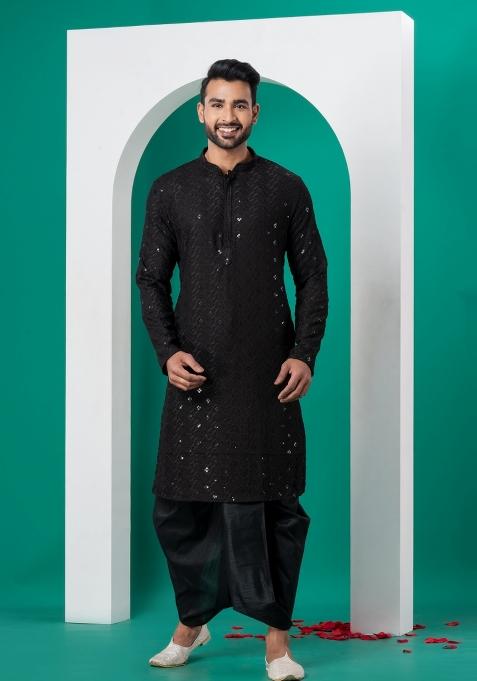 Black Embroidered Cotton Kurta Dhoti Set For Men