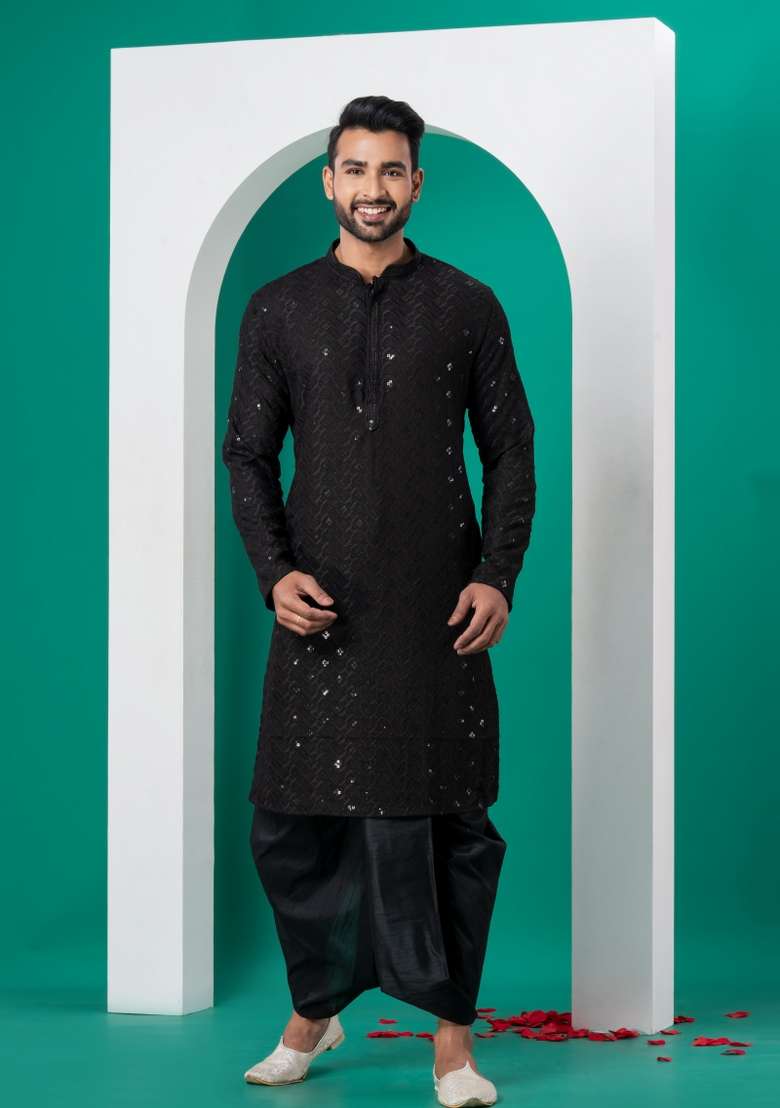 Black Embroidered Cotton Kurta Dhoti Set For Men - Indya