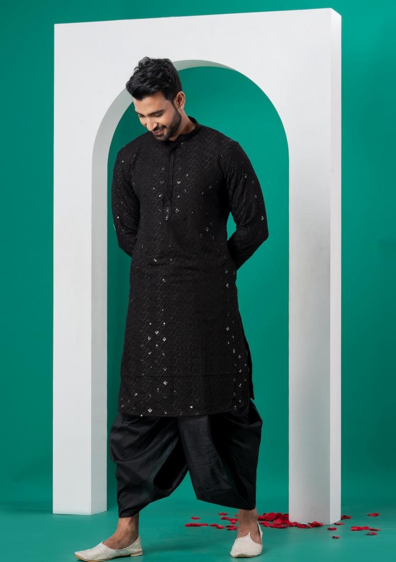 Black Embroidered Cotton Kurta Dhoti Set For Men - Indya