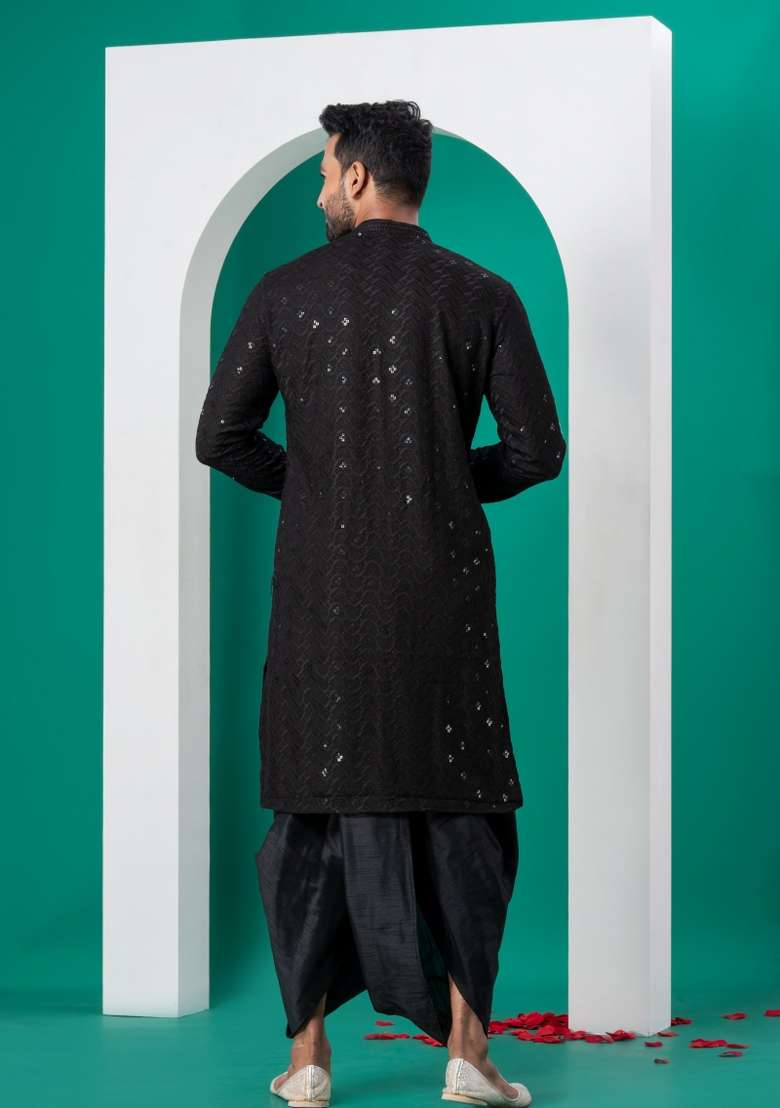Black Embroidered Cotton Kurta Dhoti Set For Men - Indya