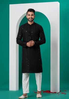 Black Embroidered Cotton Kurta Set For Men