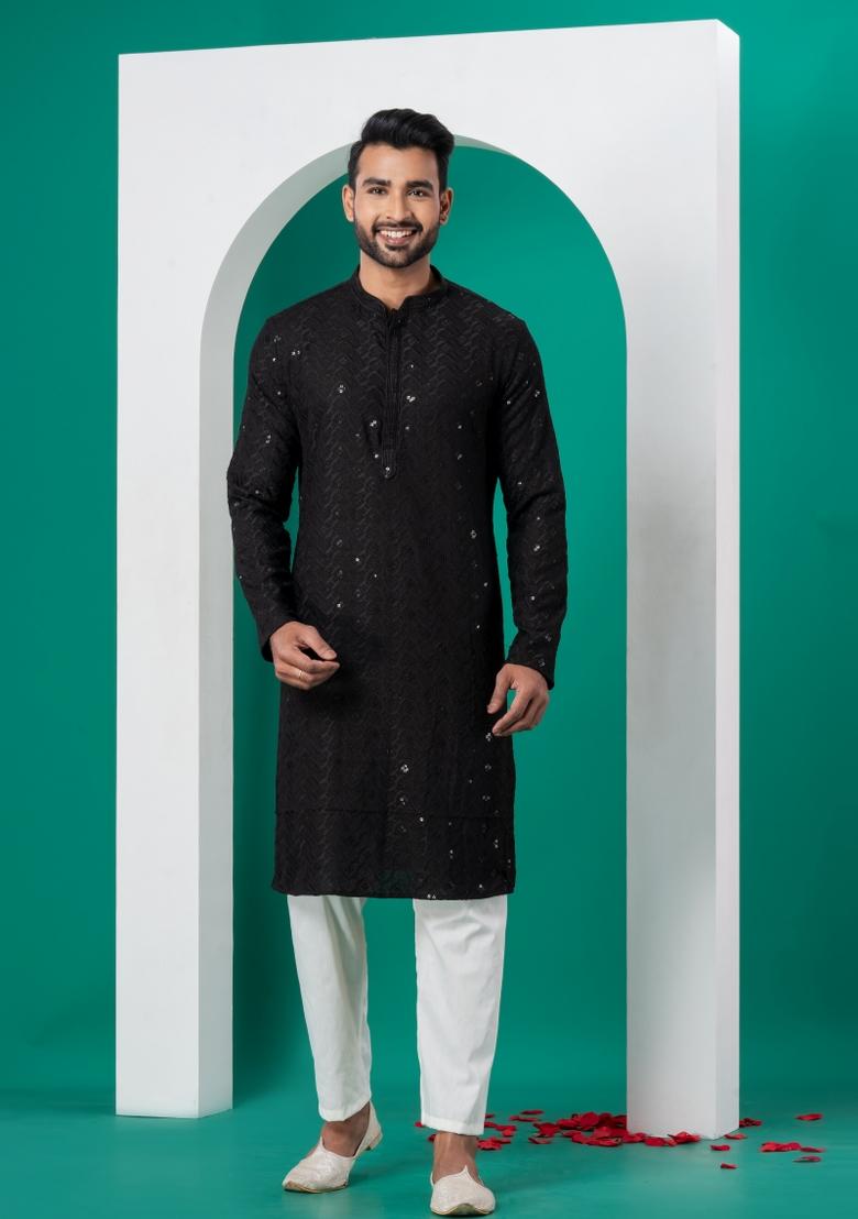 Black Embroidered Cotton Kurta Set For Men - Indya