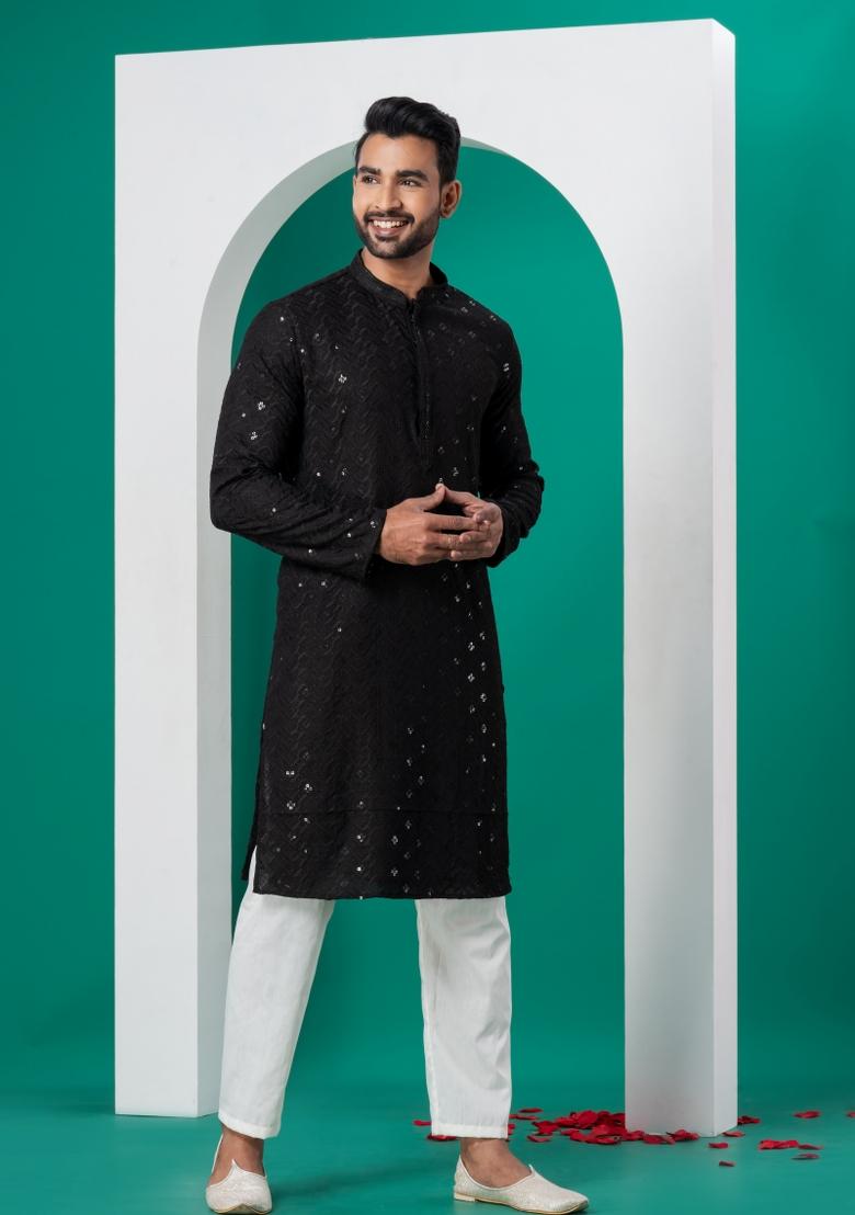 Black Embroidered Cotton Kurta Set For Men - Indya