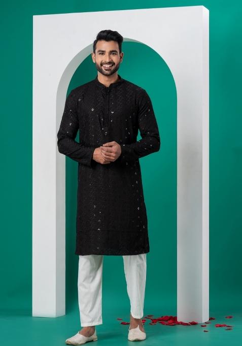 Black Embroidered Cotton Kurta Set For Men