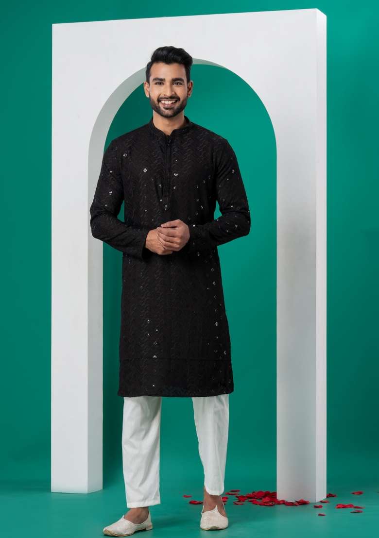 Black Embroidered Cotton Kurta Set For Men - Indya