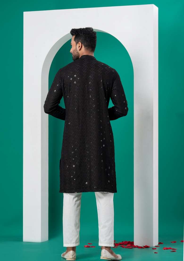 Black Embroidered Cotton Kurta Set For Men - Indya