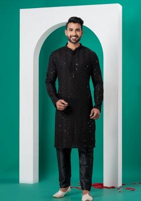 Black Embroidered Cotton Kurta Set For Men