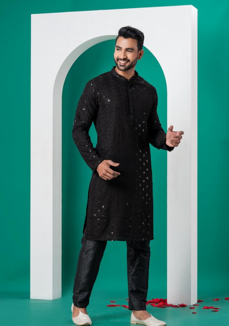 Black Embroidered Cotton Kurta Set For Men - Indya