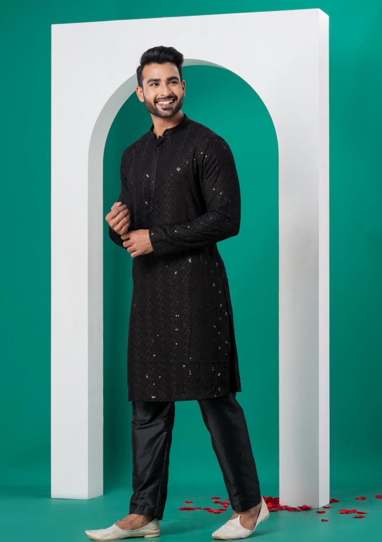 Black Embroidered Cotton Kurta Set For Men - Indya