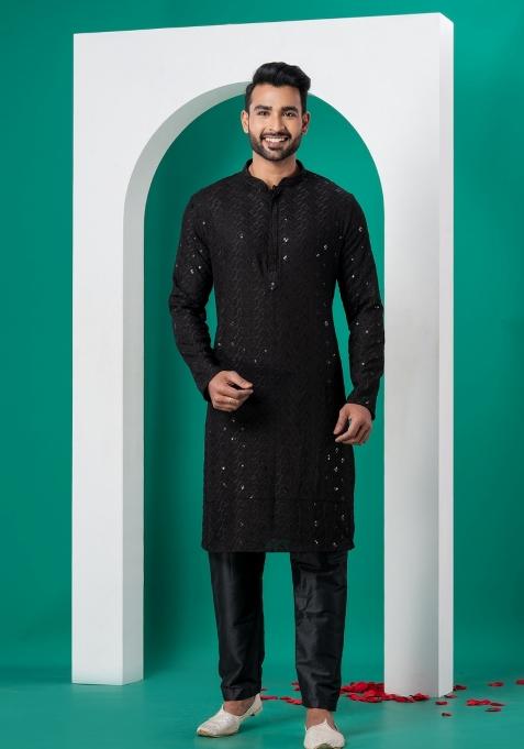 Black Embroidered Cotton Kurta Set For Men