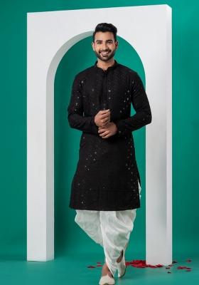 Black Embroidered Cotton Kurta Dhoti Set For Men