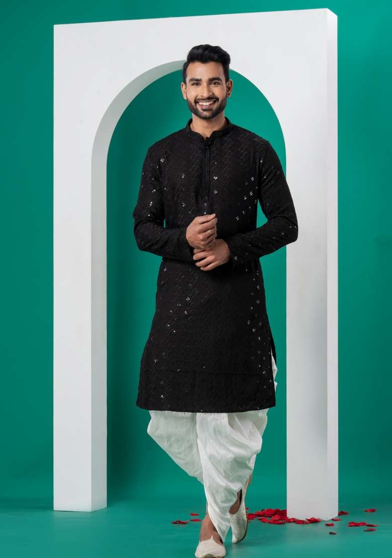 Black Embroidered Cotton Kurta Dhoti Set For Men - Indya