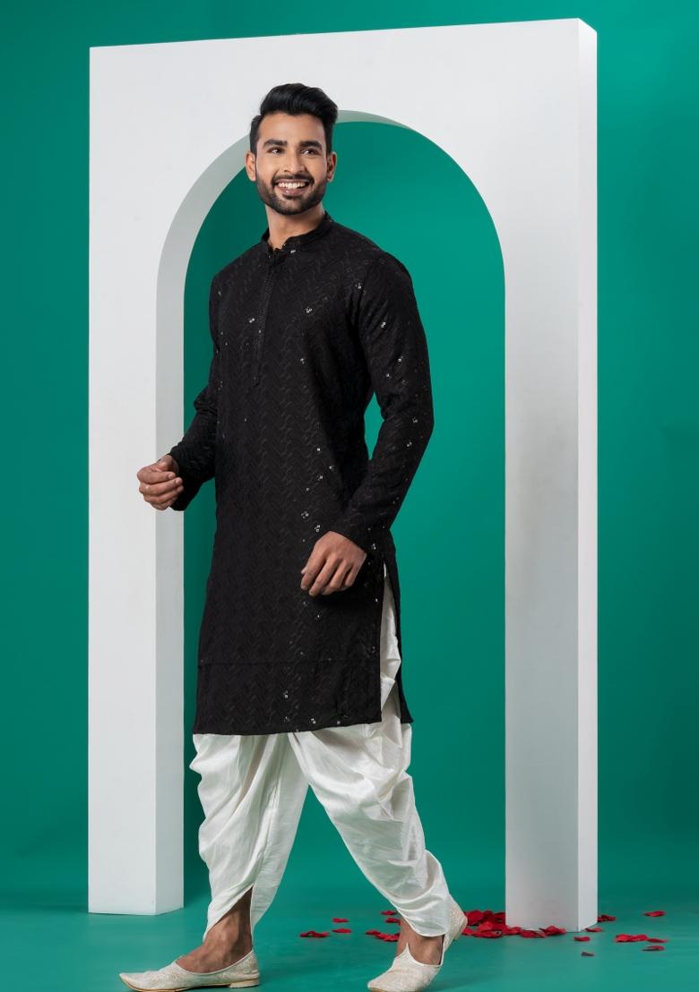 Black Embroidered Cotton Kurta Dhoti Set For Men - Indya