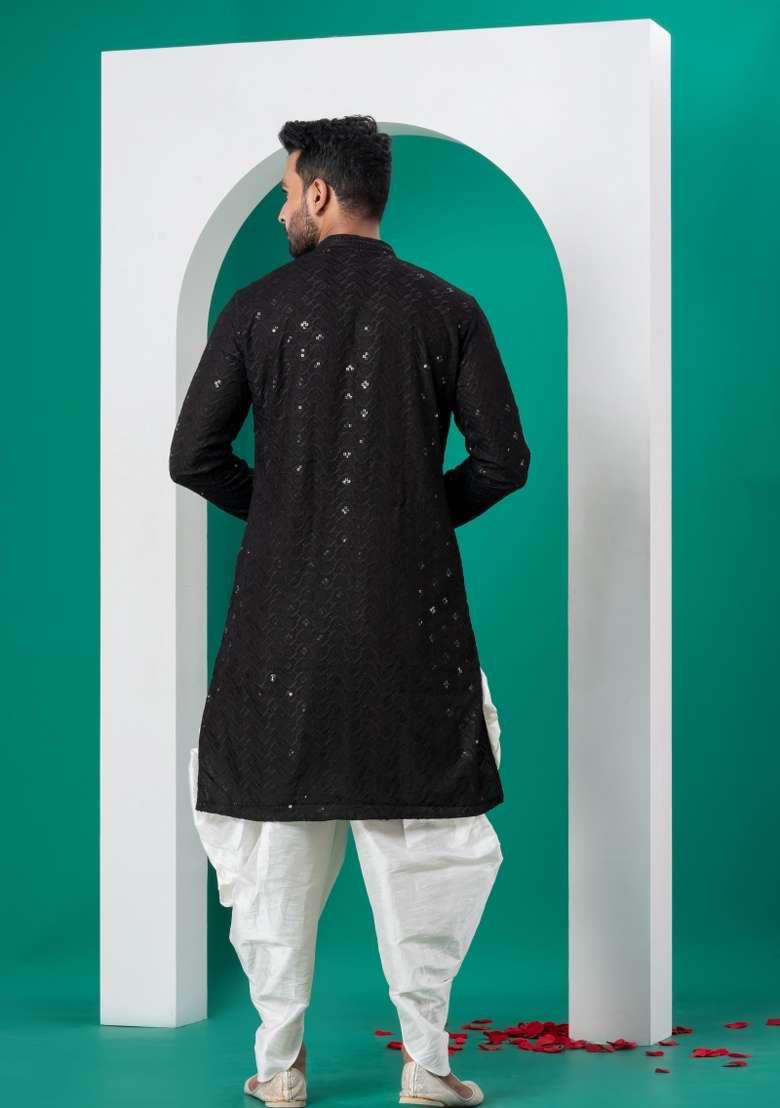 Black Embroidered Cotton Kurta Dhoti Set For Men - Indya