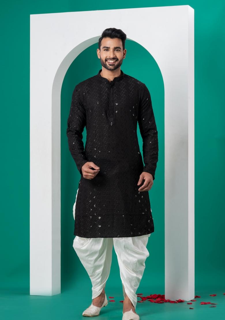 Black Embroidered Cotton Kurta Dhoti Set For Men - Indya