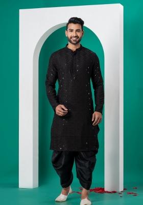 Black Embroidered Cotton Kurta Dhoti Set For Men