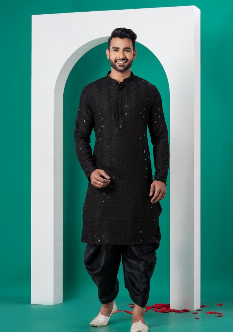 Black Embroidered Cotton Kurta Dhoti Set For Men - Indya