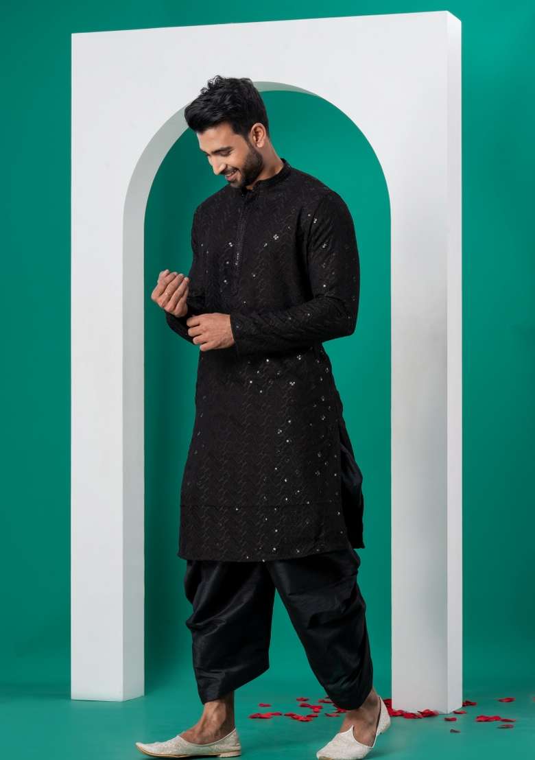 Black Embroidered Cotton Kurta Dhoti Set For Men - Indya