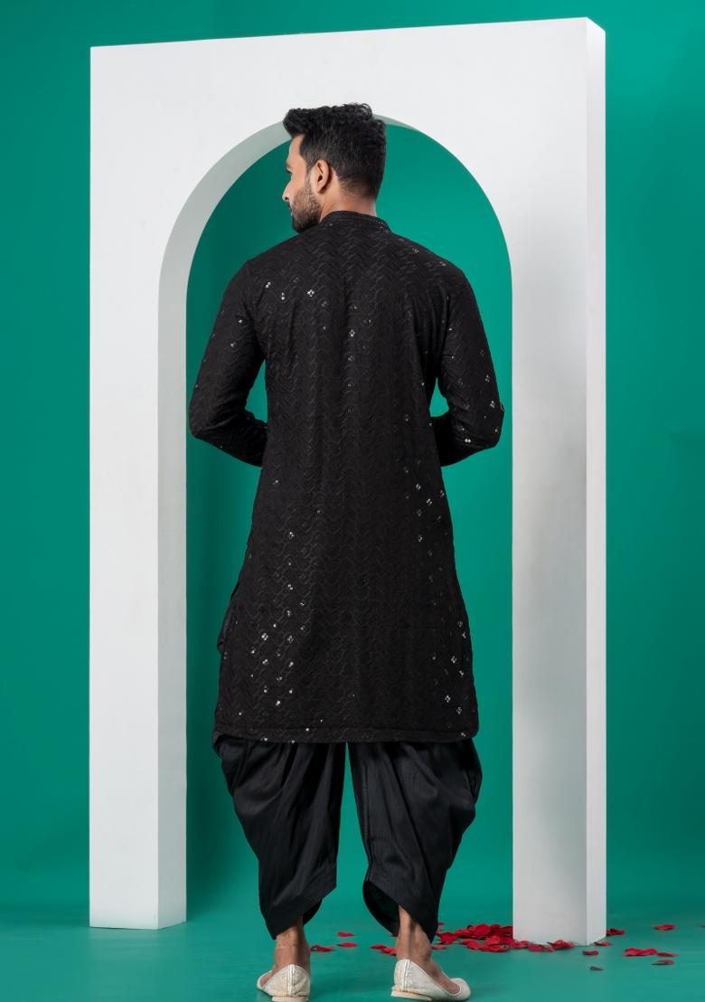 Black Embroidered Cotton Kurta Dhoti Set For Men - Indya