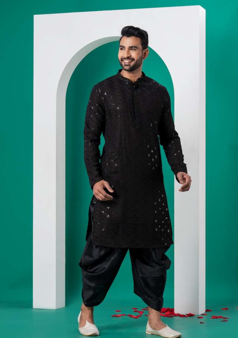 Black Embroidered Cotton Kurta Dhoti Set For Men - Indya