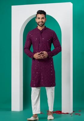 Purple Embroidered Cotton Kurta Set For Men