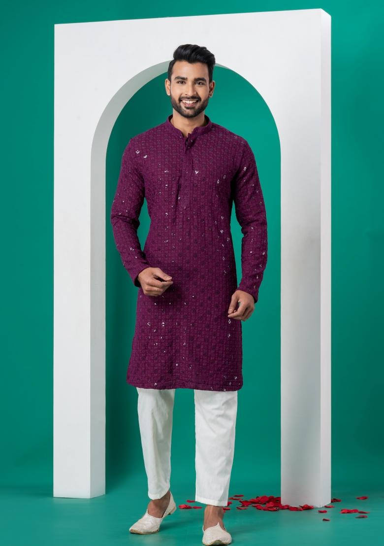 Purple Embroidered Cotton Kurta For Men - Indya