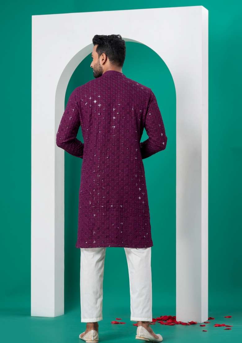 Purple Embroidered Cotton Kurta For Men - Indya