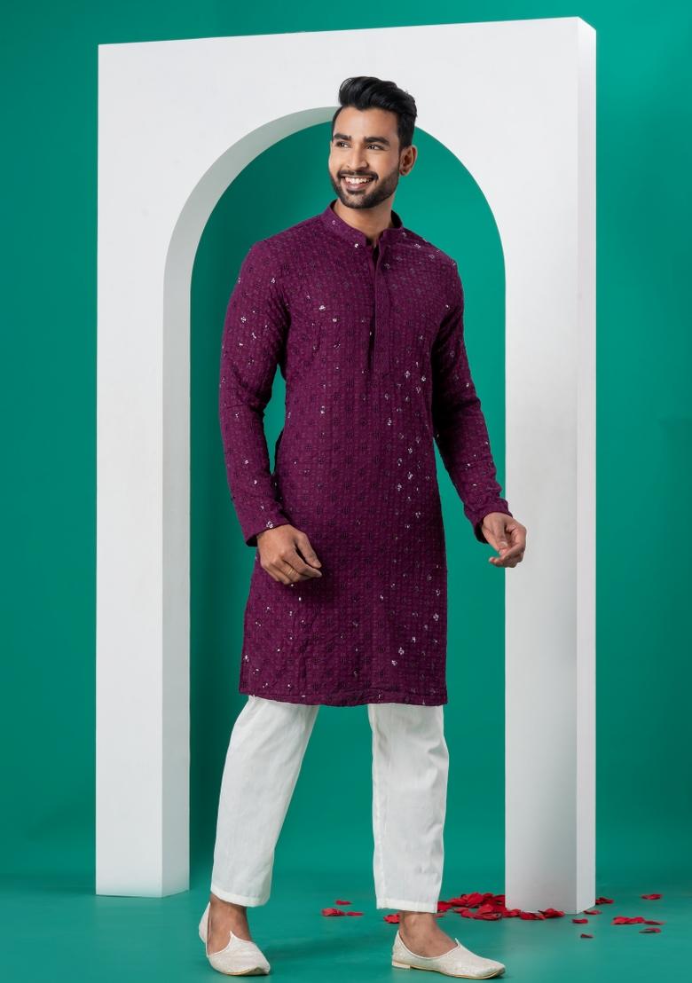 Purple Embroidered Cotton Kurta For Men - Indya