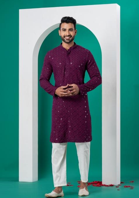 Purple Embroidered Cotton Kurta For Men