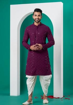 Purple Embroidered Cotton Kurta Dhoti Set For Men