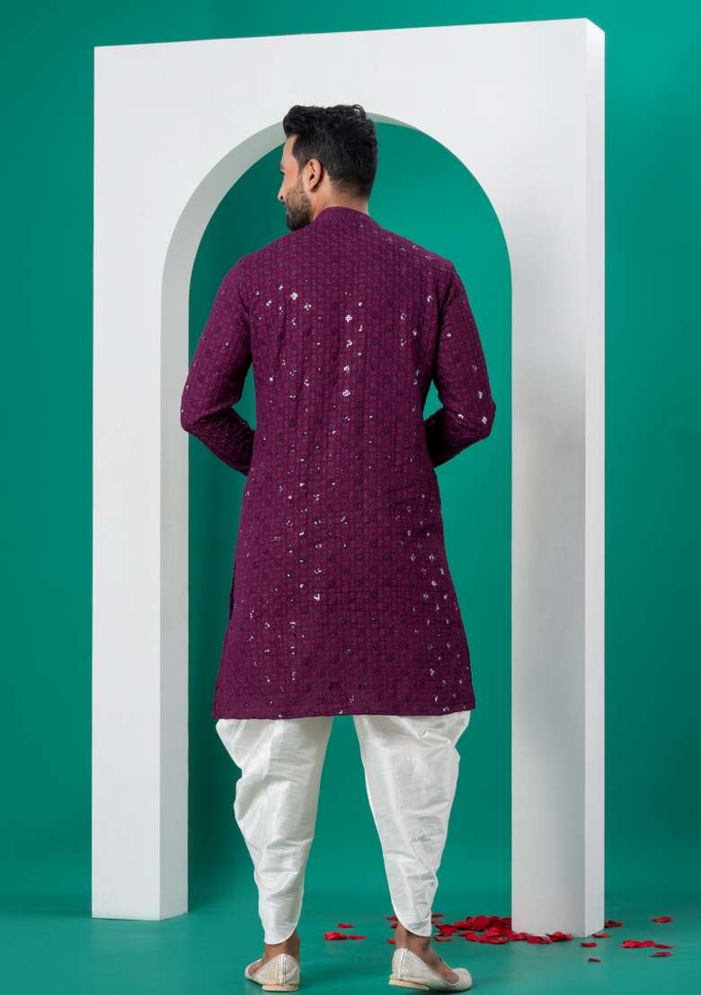 Purple Embroidered Cotton Kurta Dhoti Set For Men - Indya