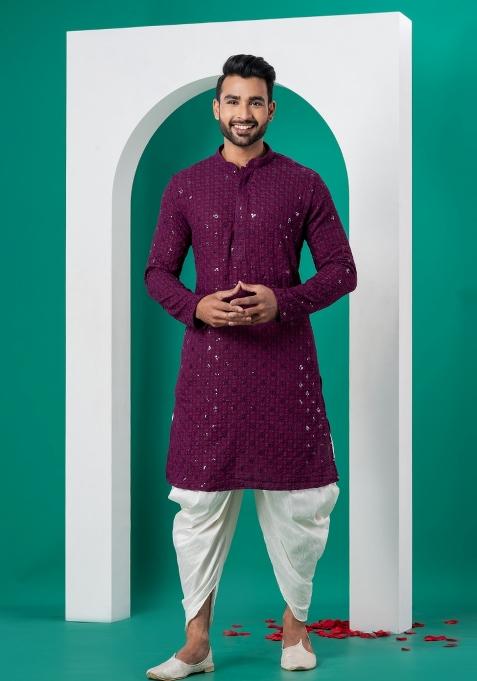 Purple Embroidered Cotton Kurta Dhoti Set For Men