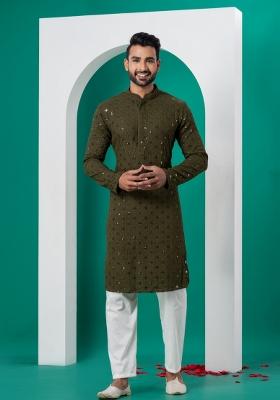 Green Embroidered Cotton Kurta Set For Men