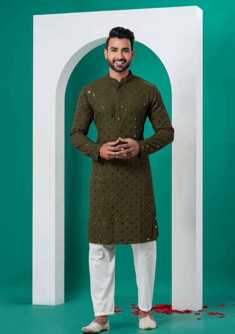 Green Embroidered Cotton Kurta Set For Men - Indya