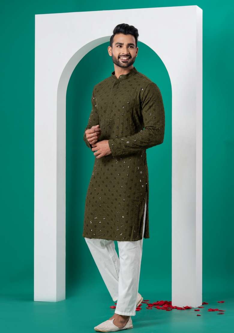 Green Embroidered Cotton Kurta Set For Men - Indya