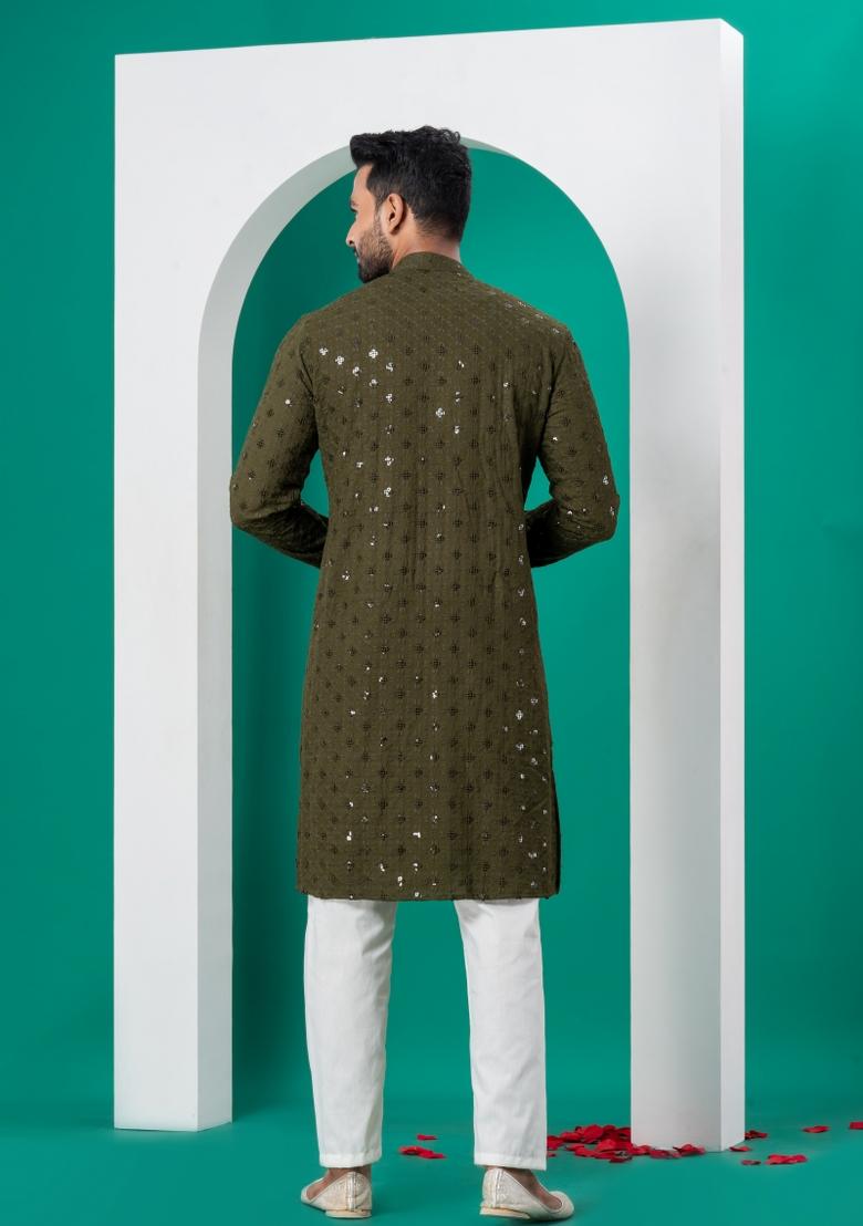 Green Embroidered Cotton Kurta Set For Men - Indya