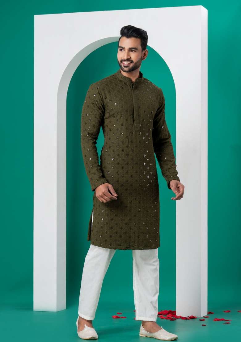 Green Embroidered Cotton Kurta Set For Men - Indya