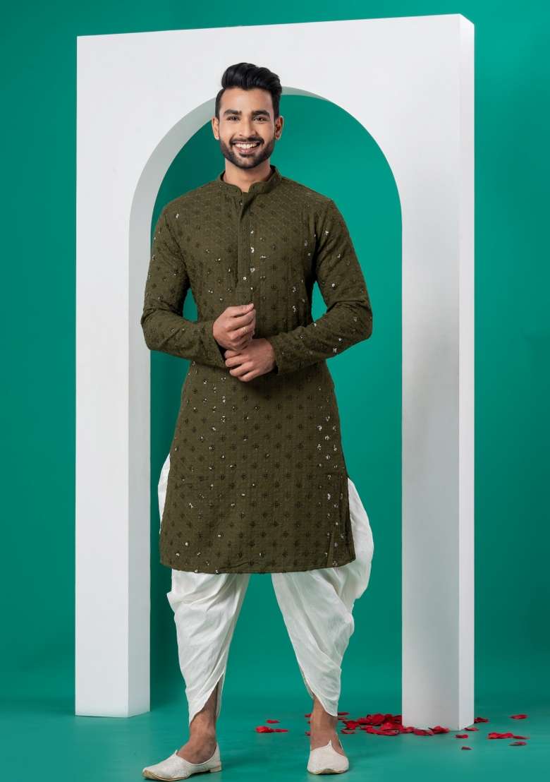 Green Embroidered Cotton Kurta Dhoti Set For Men - Indya