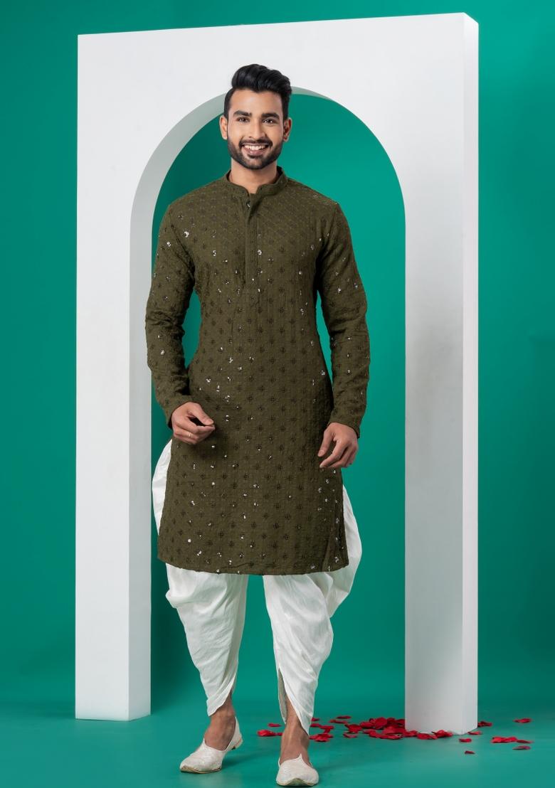 Green Embroidered Cotton Kurta Dhoti Set For Men - Indya