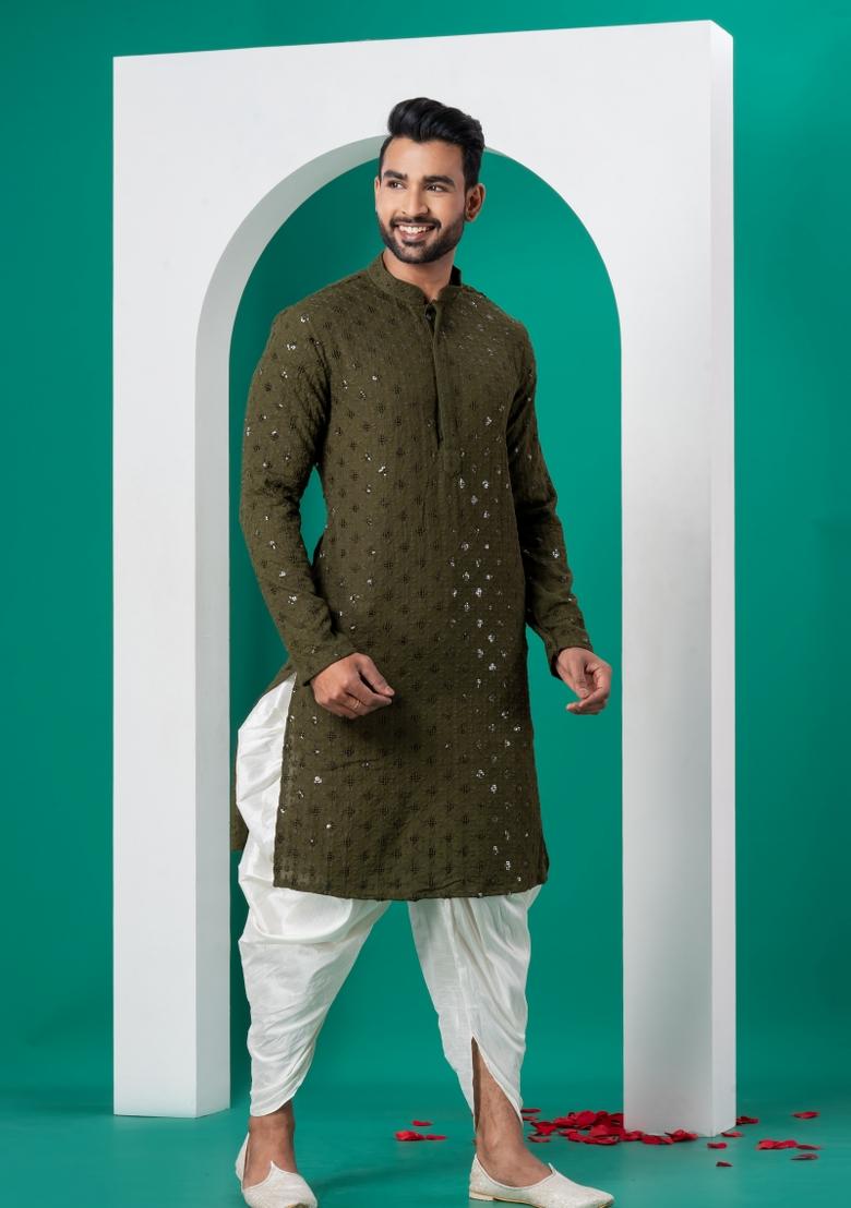 Green Embroidered Cotton Kurta Dhoti Set For Men - Indya