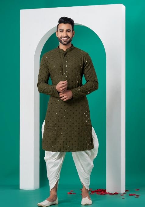 Green Embroidered Cotton Kurta Dhoti Set For Men