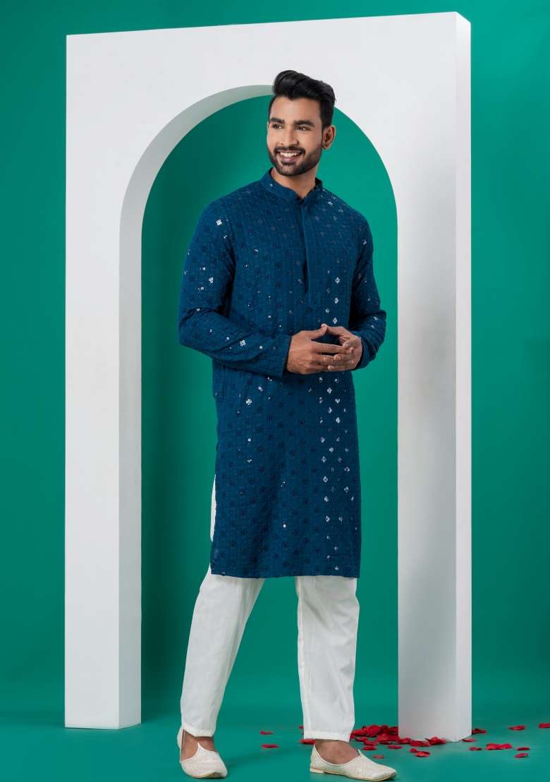 Blue Embroidered Cotton Kurta Set For Men - Indya