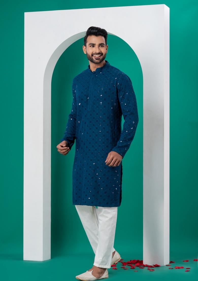 Blue Embroidered Cotton Kurta Set For Men - Indya