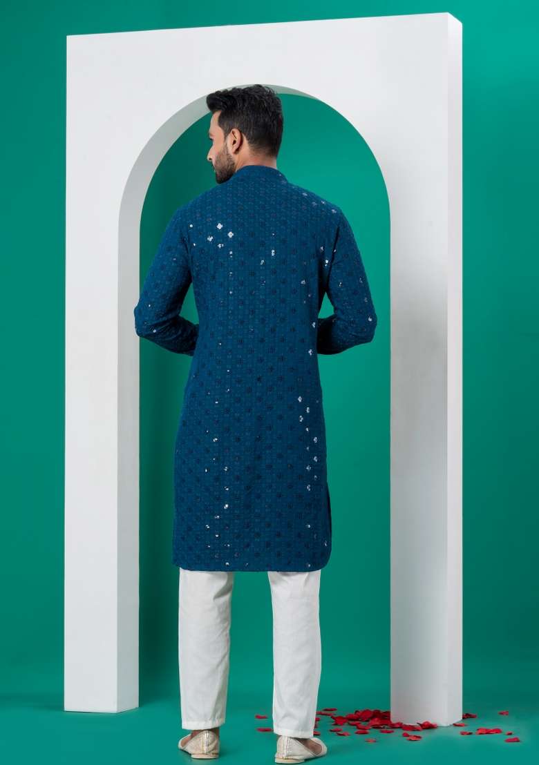 Blue Embroidered Cotton Kurta Set For Men - Indya