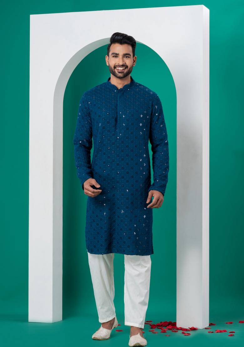 Blue Embroidered Cotton Kurta Set For Men - Indya